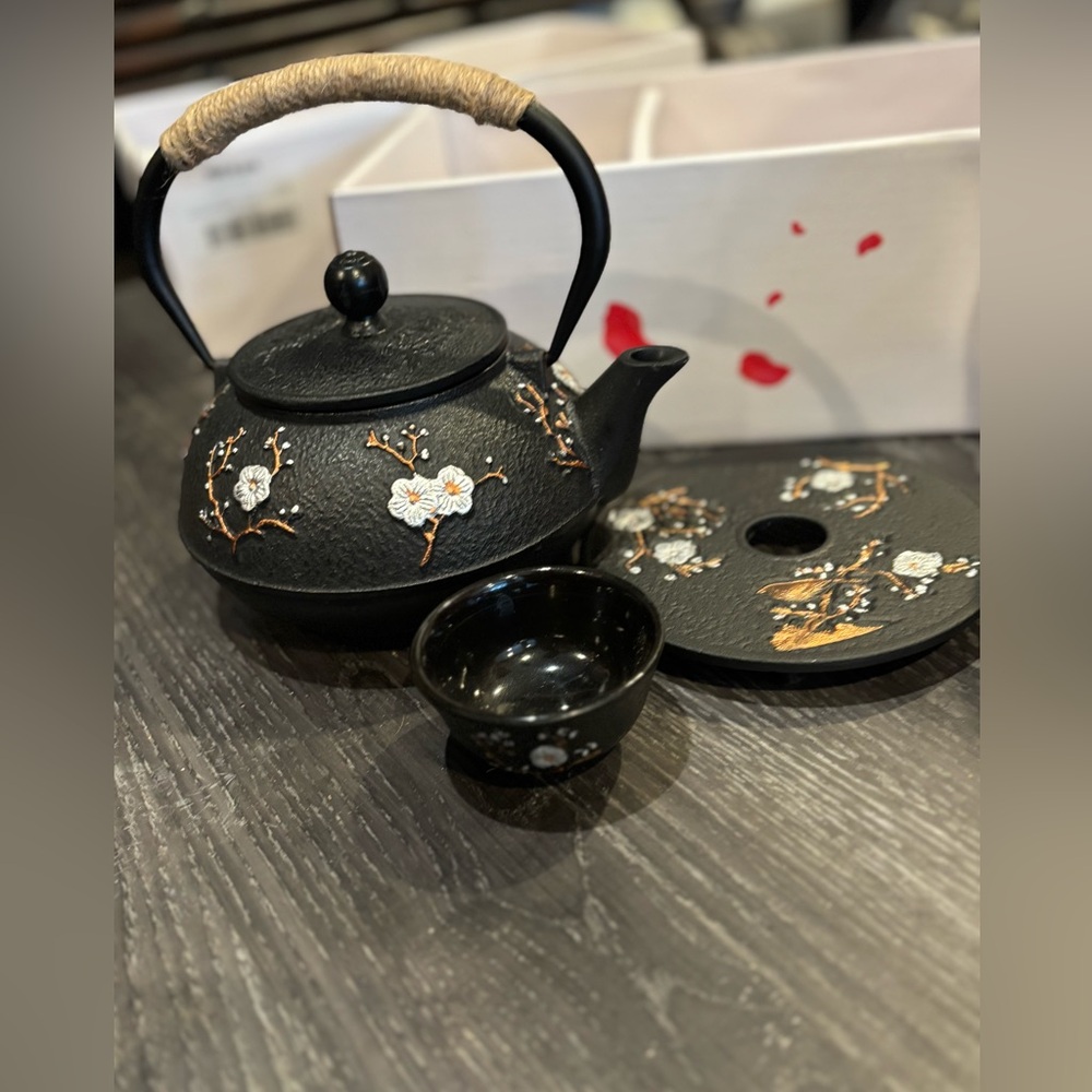 NWT Black Japanese Style Cast Iron Teapot and accessories